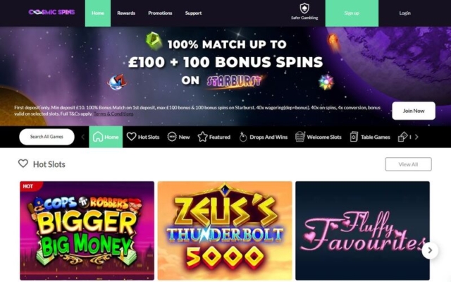 Cosmic Spins Casino Homepage on Desktop