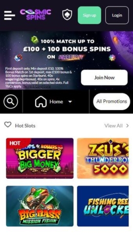 Cosmic Spins Casino Homepage on Mobile