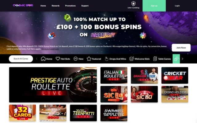 Cosmic Spins Casino Live Dealer Games on Desktop