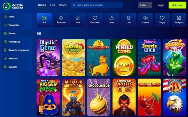 Dazzle Casino Games Lobby on Desktop