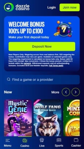 Dazzle Casino Homepage Mobile