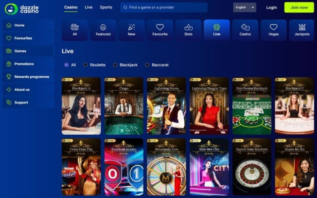 Dazzle Casino Live Dealer Games on Desktop