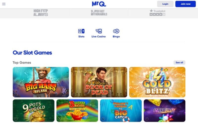 MrQ Casino Homepage on Desktop