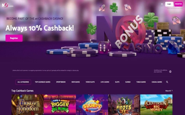 No Bonus Casino Homepage on Desktop