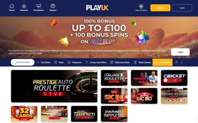 PlayUK Casino Live Dealer Games on Desktop