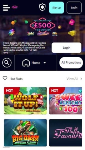 Vegas Wins Casino Homepage on Mobile