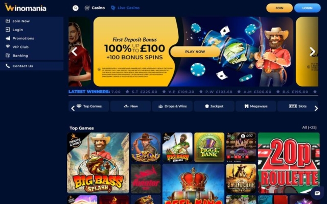 Winomania Casino Homepage on Desktop