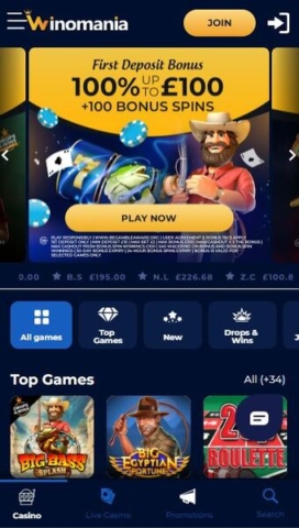 Winomania Casino Homepage on Mobile