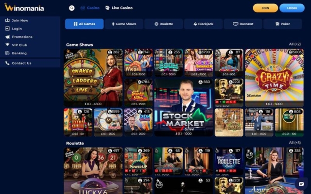 Winomania Casino Live Dealer Games on Desktop