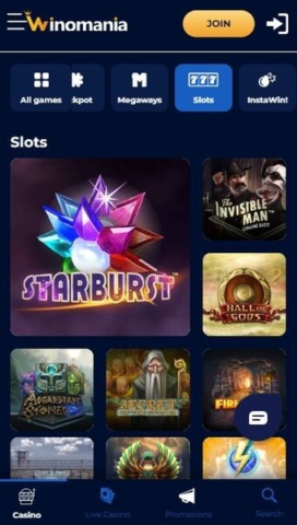 Winomania Casino Slots Lobby on Mobile