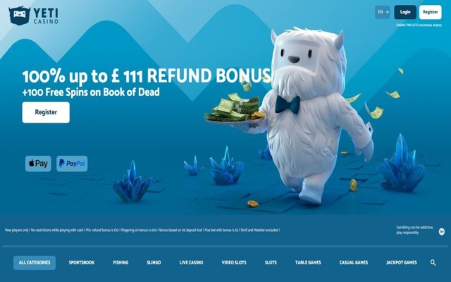 Yeti Casino Homepage on Desktop