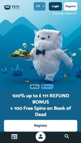 Yeti Casino Homepage on Mobile