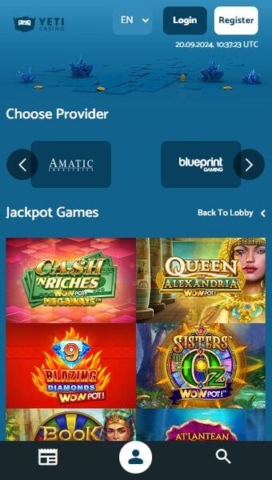 Yeti Casino Jackpot Games on Mobile