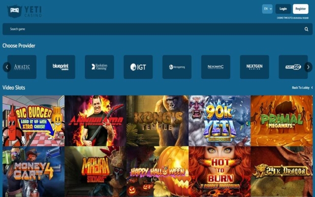 Yeti Casino Slots Lobby on Desktop